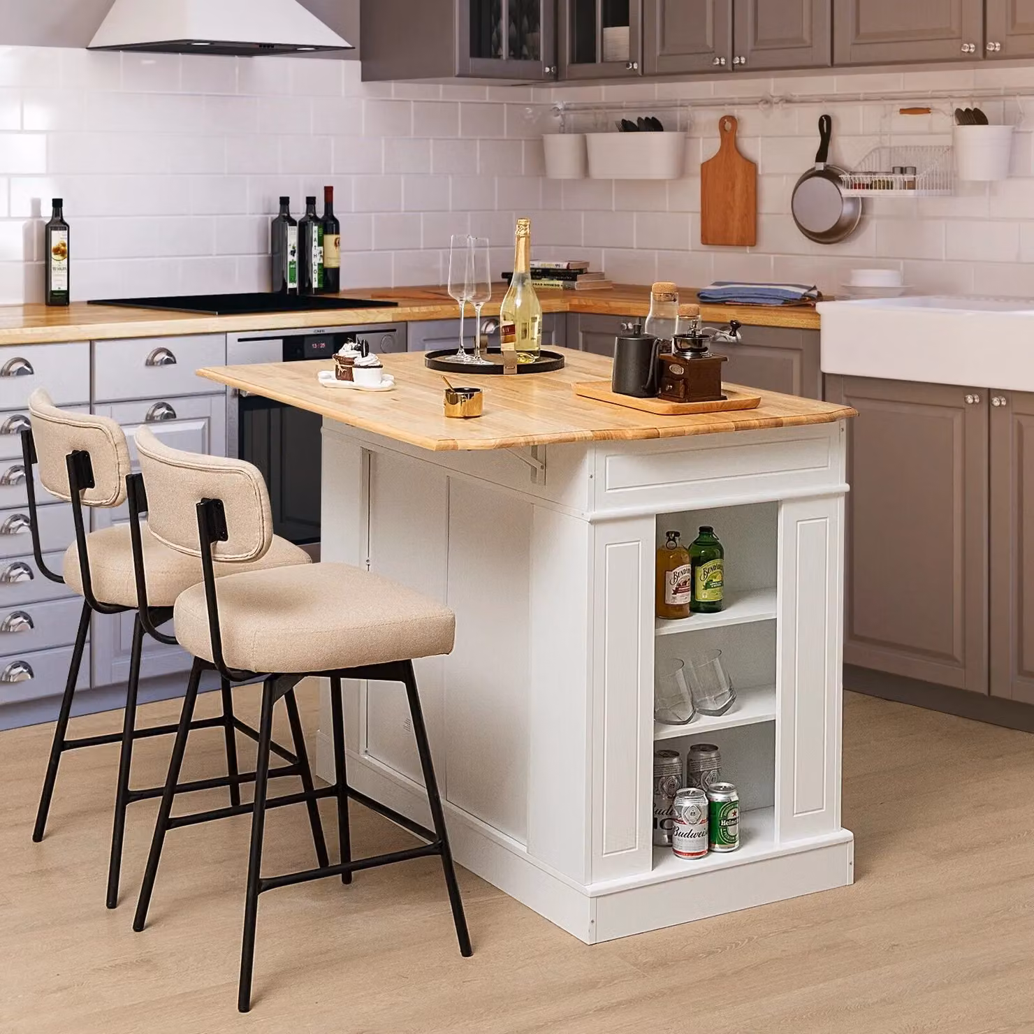 Gymax Kitchen Island Storage Cupboard with Drop Leaf Countertop and 2-Door Rubberwood Cabinet in White – 3