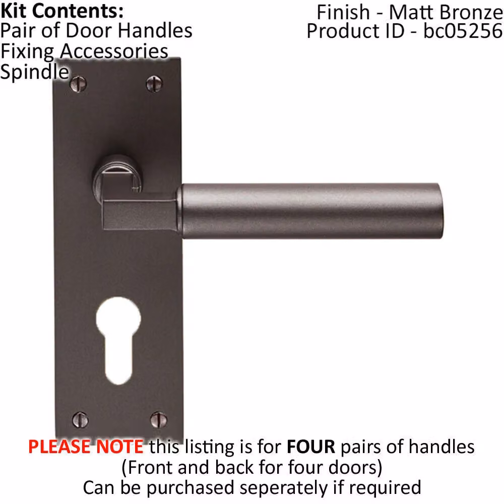 Loops 4x Pair Round Bar Handles with Slim Euro Lock Backplate, Matt Bronze, W: 150 mm x H: 50 mm – 2