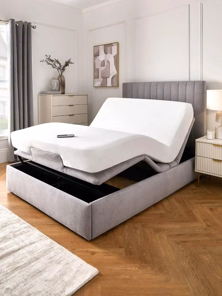 Talia Double Remote Controlled Adjustable Massage Bed in Grey Fabric Upholstery, W/D/H: 140 x 200 cm