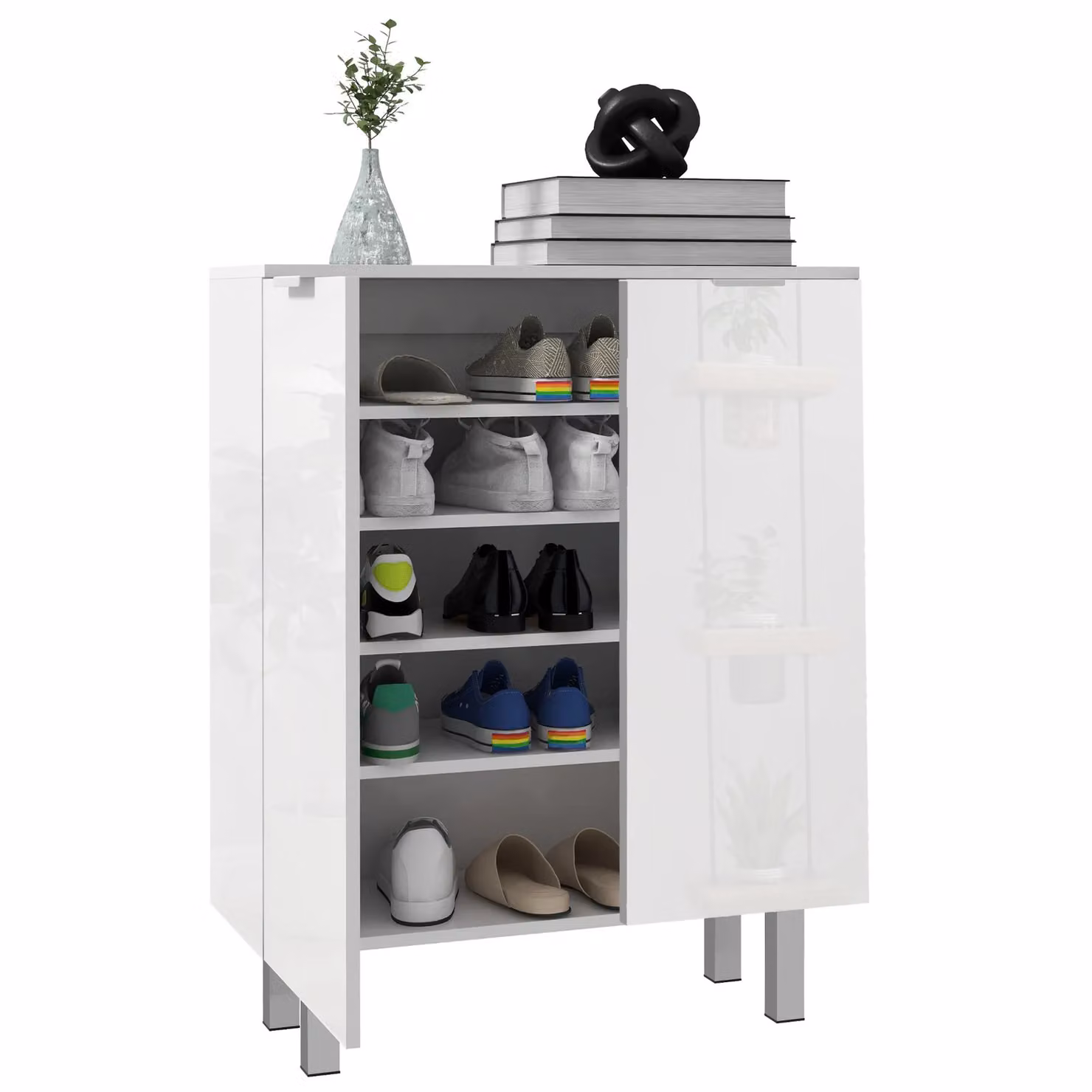 HOMCOM White High Gloss Shoe Storage Cabinet with Soft-Close Hinged Doors and Internal Shelves – 2