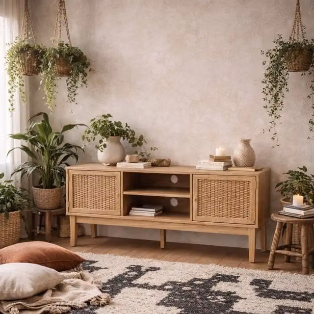 Wyld Haus Waterford Oak and Rattan TV Unit with 2 Doors in Natural Brown and Beige