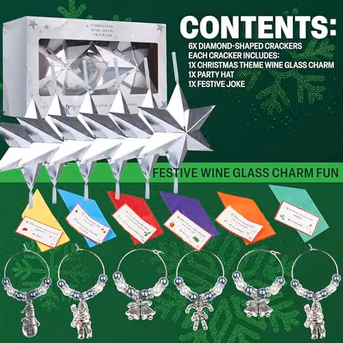 KreativeKraft Luxury Christmas Crackers with Wine Glass Charms and Festive Glass Markers, 6 Pack, Silver Star and Multicolour – 6