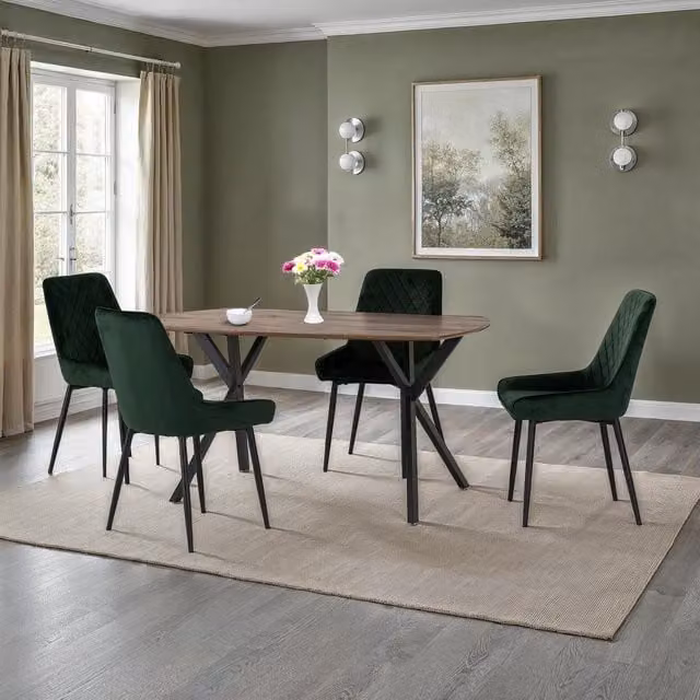 Seconique Athens Oak Rectangular Dining Set with 4 Green Upholstered Chairs – 2