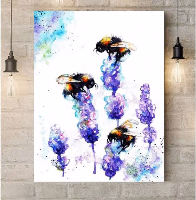 BebesArts Bees and Lavender Floral Canvas Painting in Purple, W: 76.2 cm x H: 50.8 cm