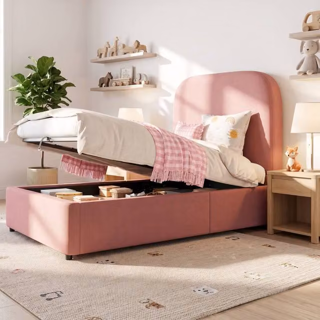 ModernLuxe Pink Velvet Upholstered Single Kids Ottoman Bed with Headboard – 1
