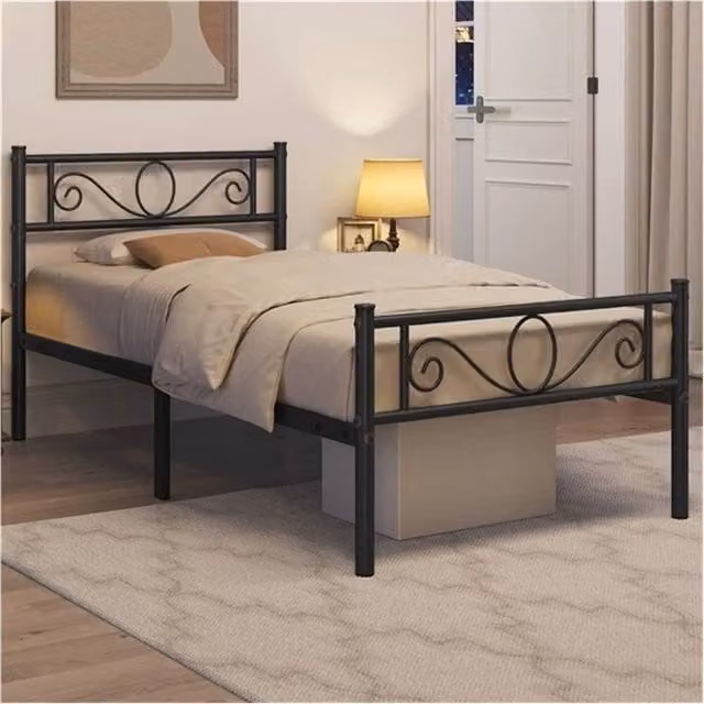 SPETLEK Single Metal Bed Frame with Headboard and Slats, Black, W/D/H: 90 x 190 x 136 cm