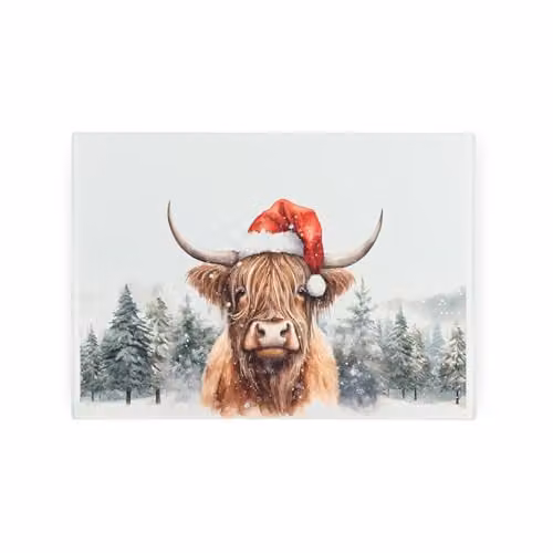 Purely Home Christmas Highland Cow Glass Worktop Protector with Non-Slip Feet, W: 28.5 cm, D: 20 cm