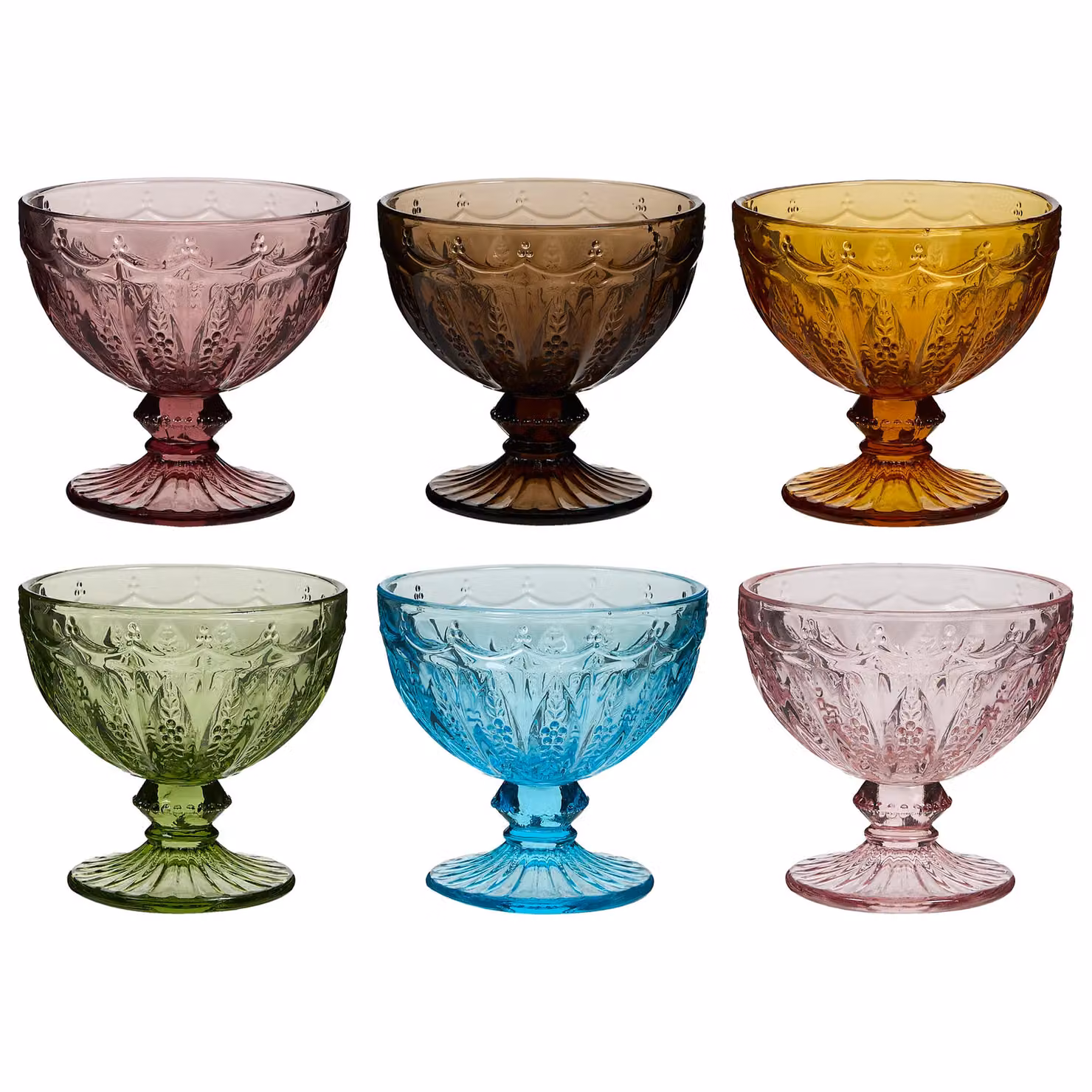 Dibor Set of 6 Roselle Multicolour Embossed Floral Glass Footed Christmas Dessert Bowls, H: 10 cm, Dia: 10.5 cm – 2