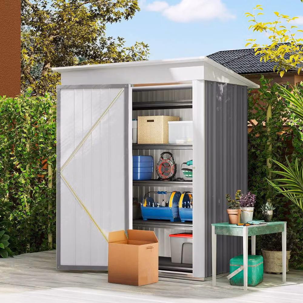 Rolipo Grey Metal Lean-To Pent Garden Shed with Shelving and Lock, W/D/H: 152.4 x 91.44 x 182.88 cm – 2