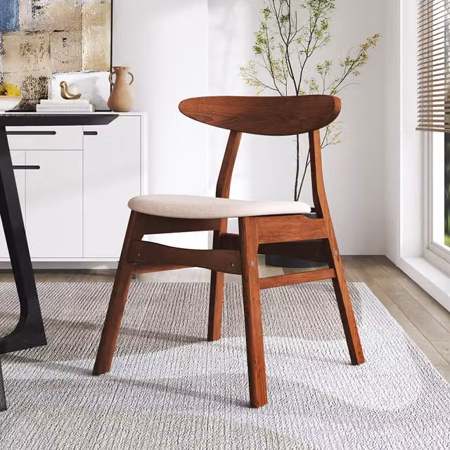 Komore Set of 2 Mid-Century Dining Chairs with Wooden Frames and Beige Fabric Cushions in Brown and Multicolour