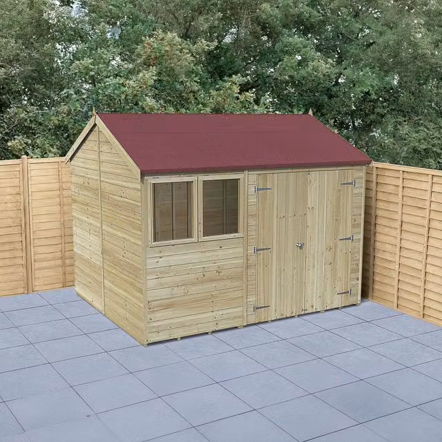 Forest Garden Timberdale Pressure Treated Reverse Apex Shed in Brown and White Wood