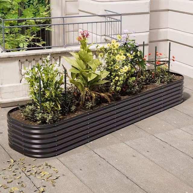 Livingandhome Anthracite Silver Galvanised Steel Oval Raised Garden Bed