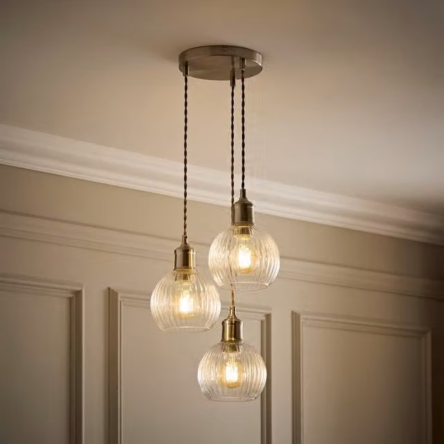 Maddison 3 Drop Clear Ribbed Glass Pendant Light with Brushed Chrome Finish