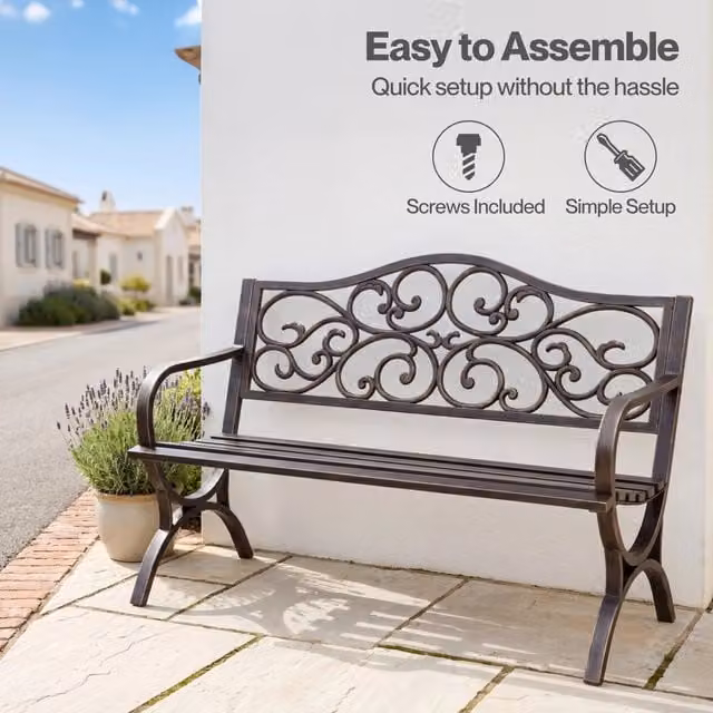 Levede Classic Floral Pattern Metal Garden Bench in Bronze