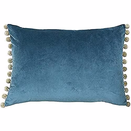 Riva Paoletti Fiesta Rectangular Filled Cushion in Blue and Beige with Pompom Edges, Faux Velvet Fabric, W: 50 cm, H: 35 cm