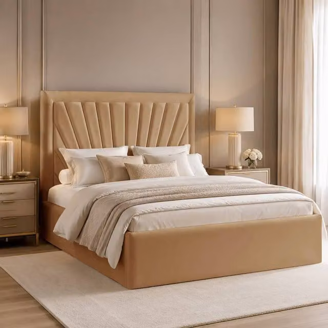 Desire Deco Ariana Plush Velvet Ottoman Storage Bed Frame in Beige, W/D/H: 140 x 200 cm – 1