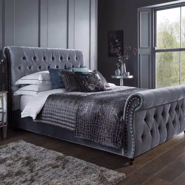 Flintshire Furniture Montana King Size Upholstered Velvet Bed in Grey, 180 x 200 cm