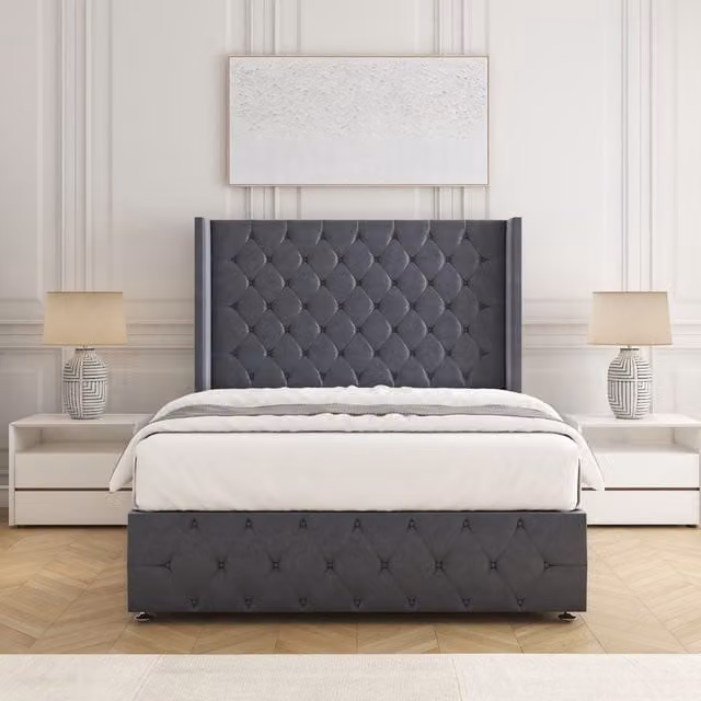 BSSPOKE Ruby Divan Bed Set with 54 inch Headboard and Mattress in Charcoal Plush Velvet, Size: Single (W/D/H: 90 x 190 cm)