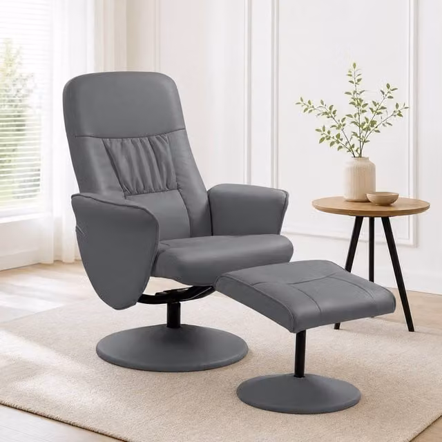 STILVORA Grey Recliner Armchair and Ottoman Set with 360 Degree Swivel Base and Synthetic Leather Upholstery