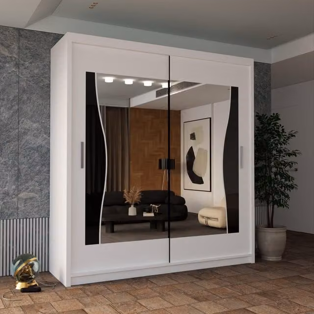 Sliding Wardrobes 4U Curved Mirror Sliding Door Wardrobe in White W/H: 180 x 217 cm
