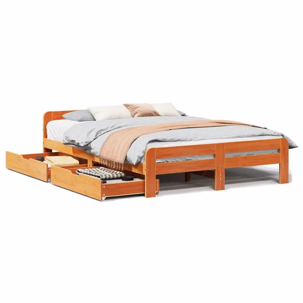 Berkfield Home Wax Brown Solid Wood Pine Bed Frame with Drawers W/D/H: 160 x 200 cm – 2