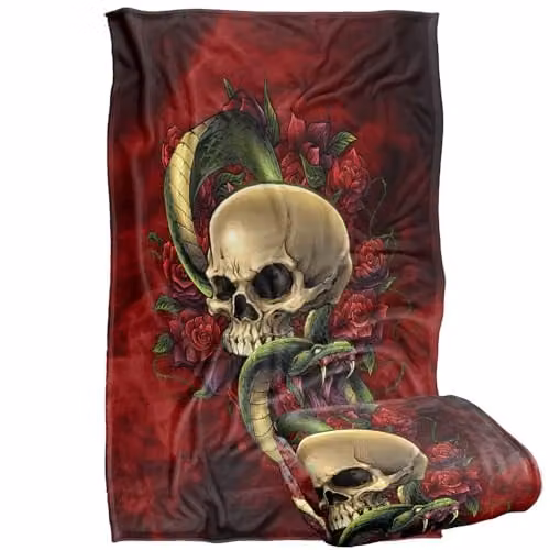 JQ Licensing Brian Allen Skull Snake and Roses Super Soft Silky Touch Fleece Throw Blanket, Multicolour, W/D/H: 91 x 147 cm