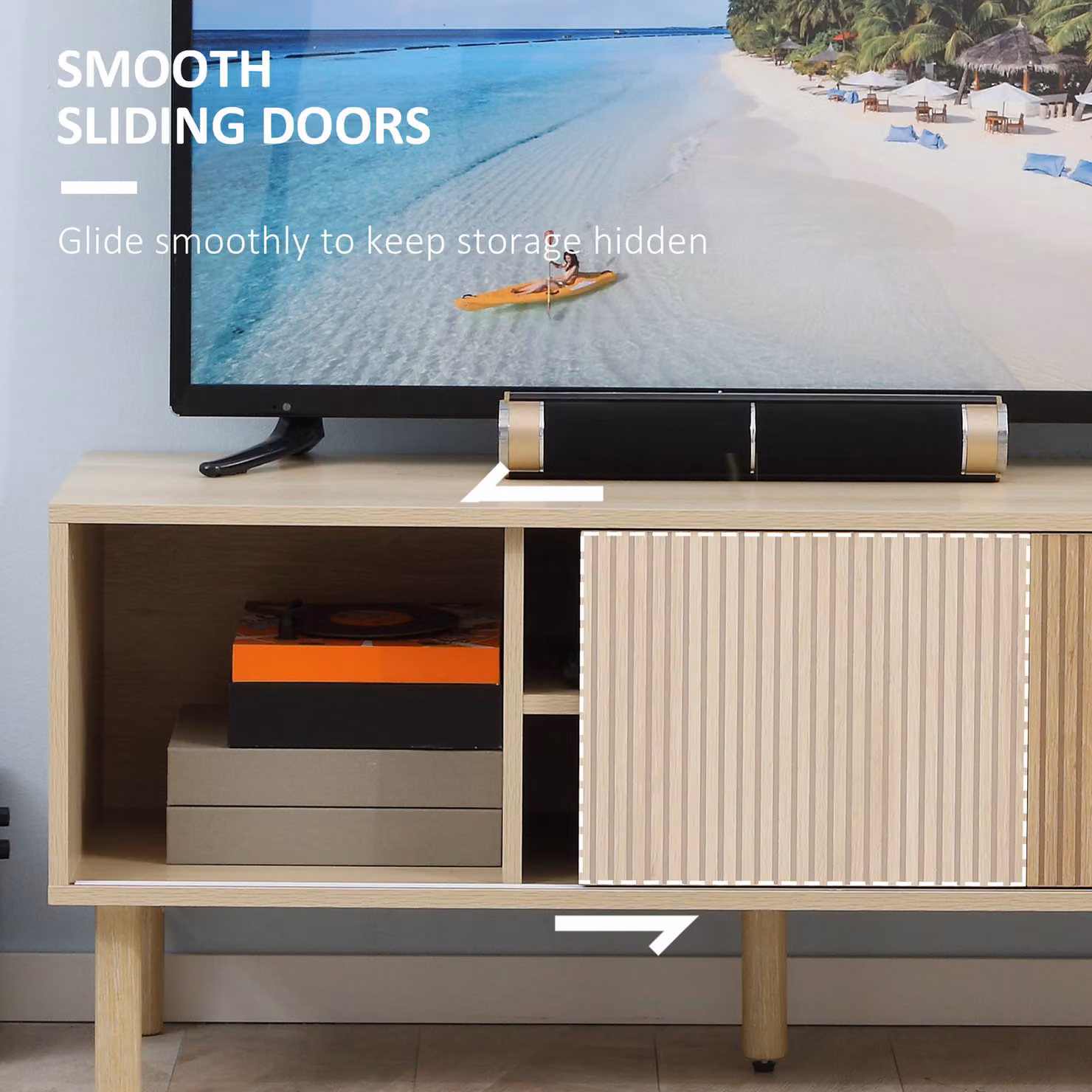 HOMCOM TV Stand Cabinet in Natural Wood Finish with Storage Shelves and Sliding Doors for TVs up to 50 inches – 5