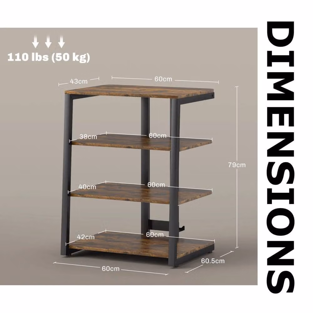 FURNOS Industrial 4 Tier Small TV Stand Unit with Storage Shelves in Brown, W: 79.0 cm, D: 60.0 cm, H: 60.5 cm – 7