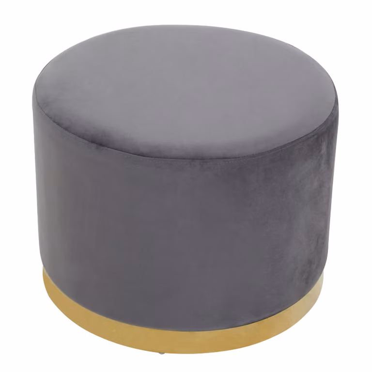 Orsina Grey Velvet Round Ottoman Footstool with Gold Metal Base, W/D/H: 40 x 40 x 55 cm