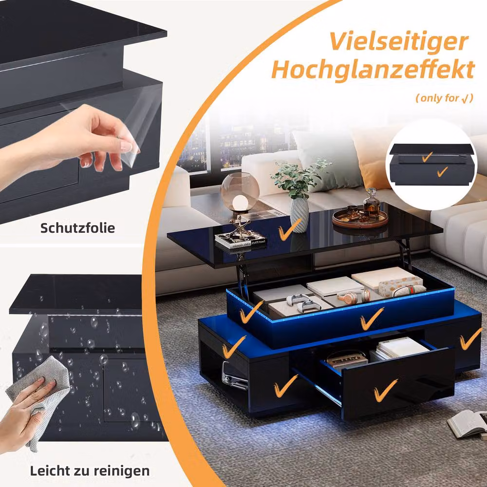 Rolipo Black High Gloss Lift Top Coffee Table with Storage and Lift Mechanism – 2
