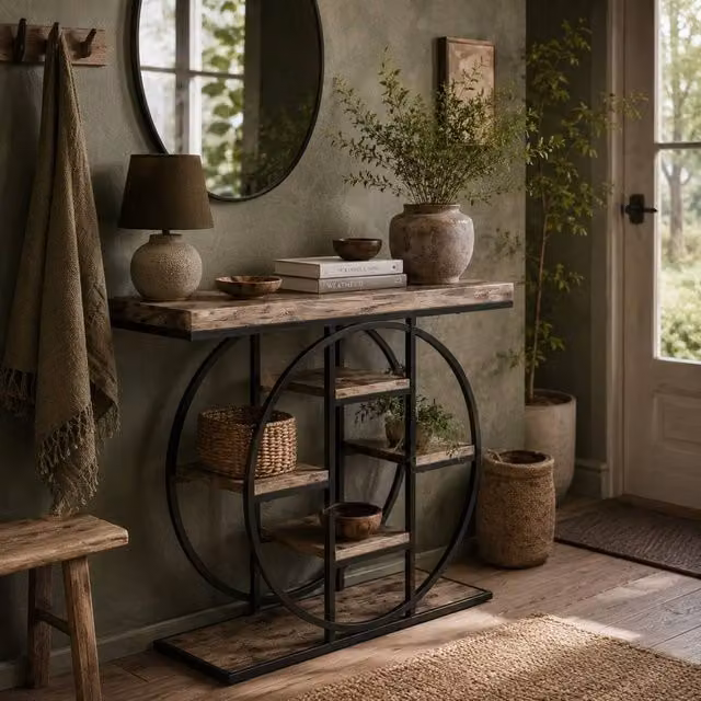 Wyld Haus Reyore Industrial Console Table in Brown Wood and Black Steel – 1