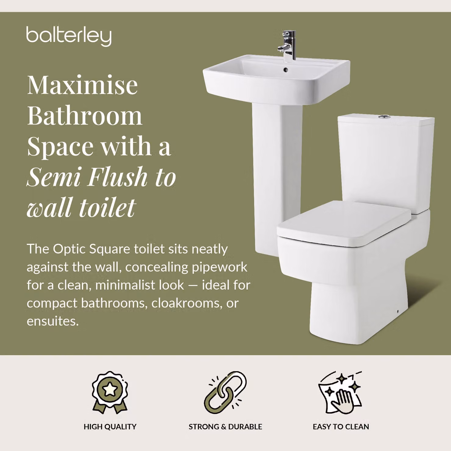 Balterley Optic Square Suite Ceramic Toilet with Soft-Close Seat and 520mm Basin Pedestal in White – 2