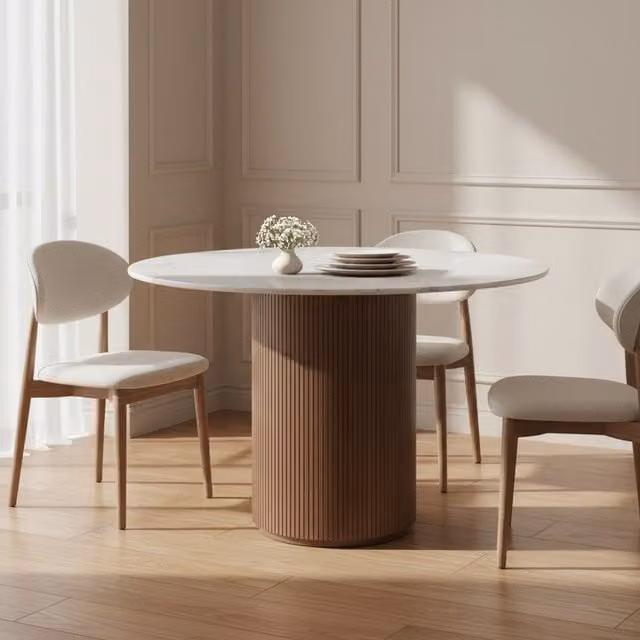 Luxor Living Luxor Natural Marble and Wood Round Pedestal Dining Table, 6 Seater, Diameter: 120 cm, Tan