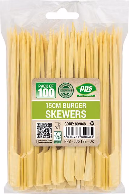 PPS ECO 100 Pack of Bamboo Flat Paddle Burger Skewers, 15 cm