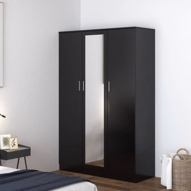 FORGEVIO Modern 3 Door Wardrobe in Black and Silver with Hanging Rail and Trouser Rack, H 180 cm x W 115.4 cm x D 50 cm – 1