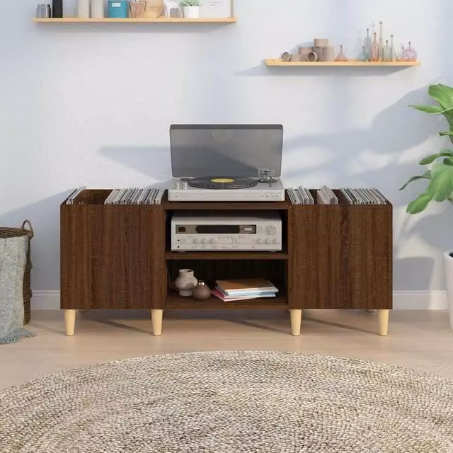 Berkfield Home Mid Century Record Cabinet in Brown Oak, W/D/H: 121 x 38 x 48 cm