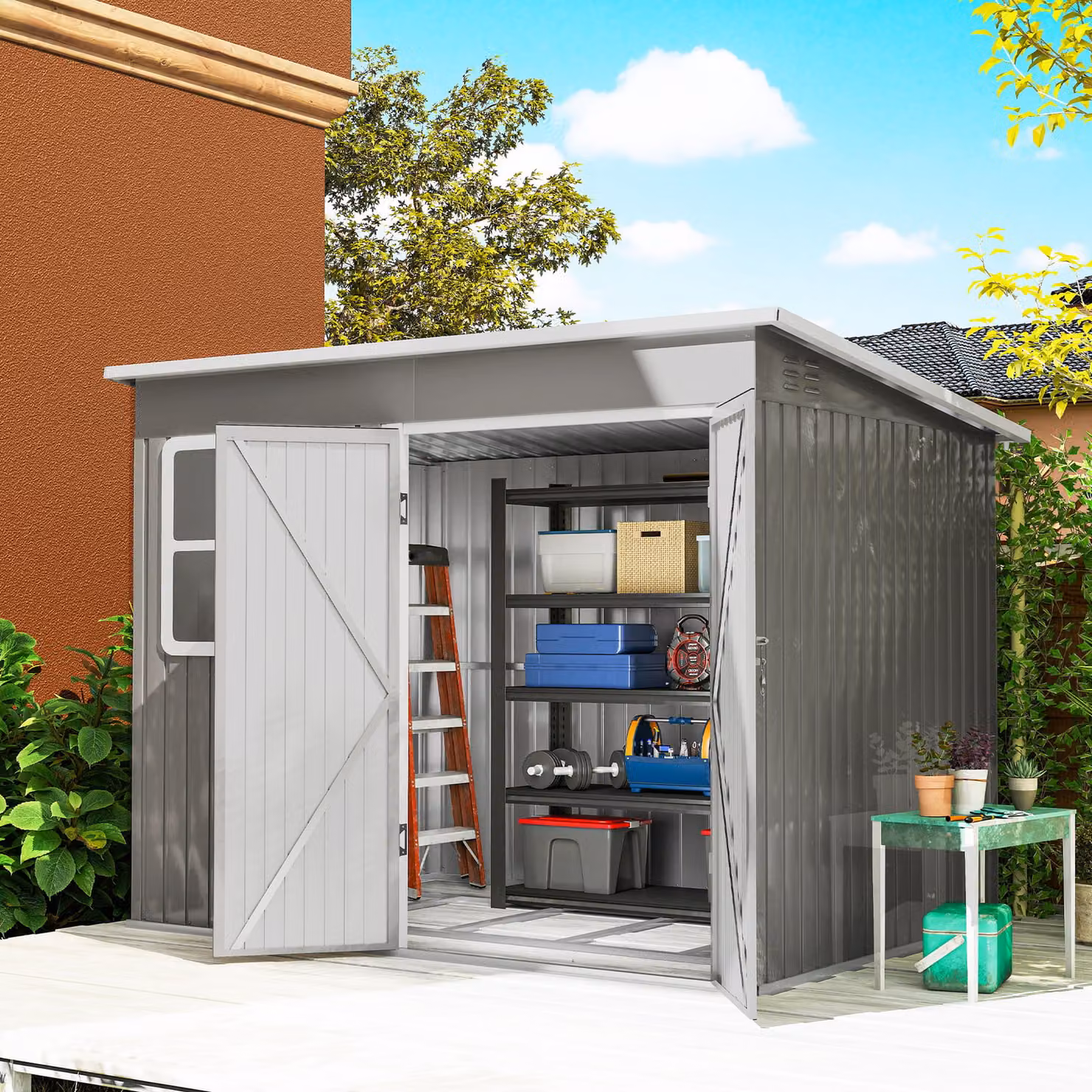 Outsunny Galvanised Steel Pent Garden Storage Shed in Light Grey with Foundation Kit, Window and Lockable Double Doors, W/D/H: 260 x 177 x 190 cm – 2