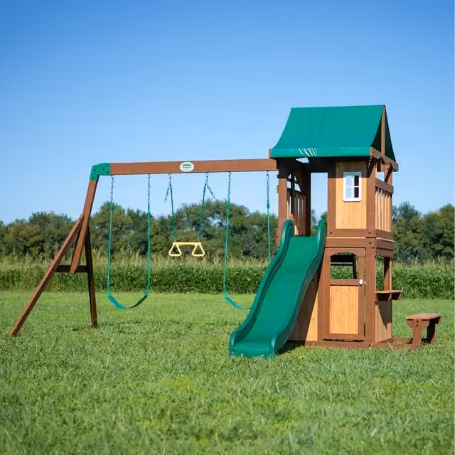 Backyard Discovery Lakewood Cedar Wooden Climbing Frame with Swings, Slide and Canopy in Brown and Orange