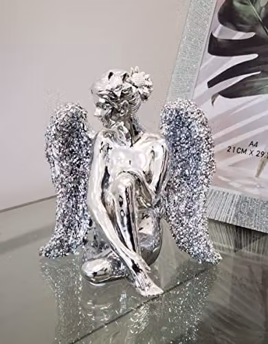 DEENZ Sitting Angel with Wide Wings Crushed Diamond Ornament in Silver