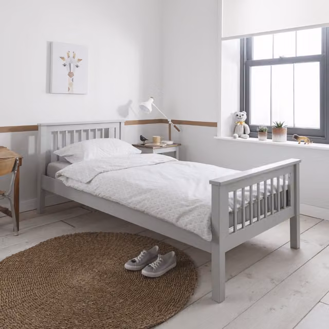 Noa and Nani Hampshire Single Bed Frame in Light Grey Solid Pine Wood, 90 x 190 cm