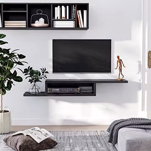 HOMCOM Minimalist Wall Mounted Floating TV Unit in Black and Grey Matt Finish – 5