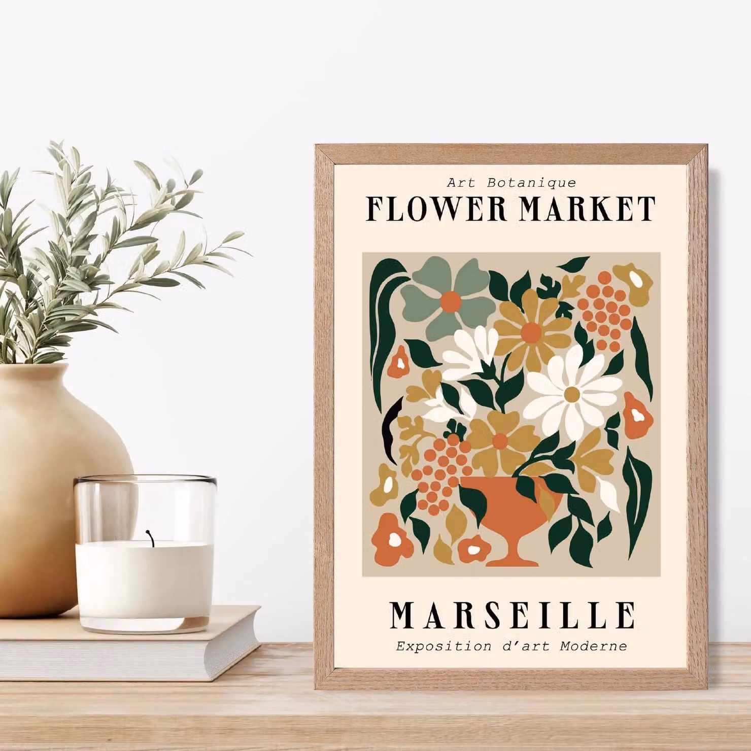 ARTZE Marseille Beige and Green Flower Market Exhibition Framed Print with Oak Frame, A3 – 2