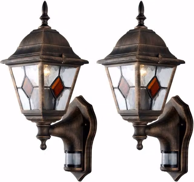First Choice Lighting Set of 2 Black and Gold Metal LED Outdoor Wall Security Lanterns with Motion Sensor and Timer – 1