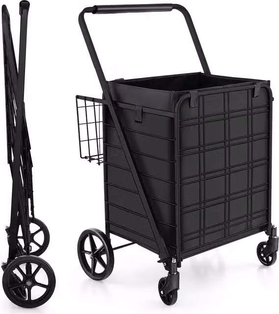 Gymax Folding Shopping Cart with 126L Waterproof Liner in Black – 1