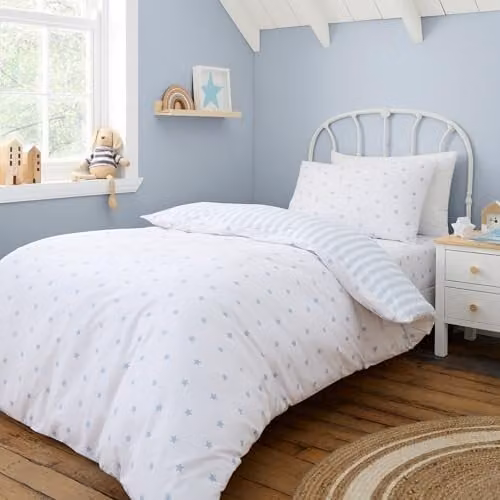 Bianca Mini Star & Stripes Reversible Cotton Junior Duvet Cover and Pillowcase Set in Blue – 1