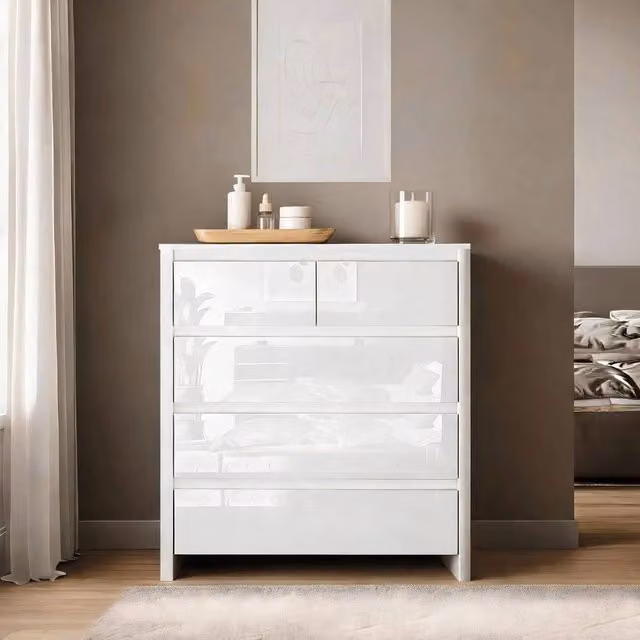 Home Source Ardenza High Gloss 5 Drawer Chest of Drawers in White