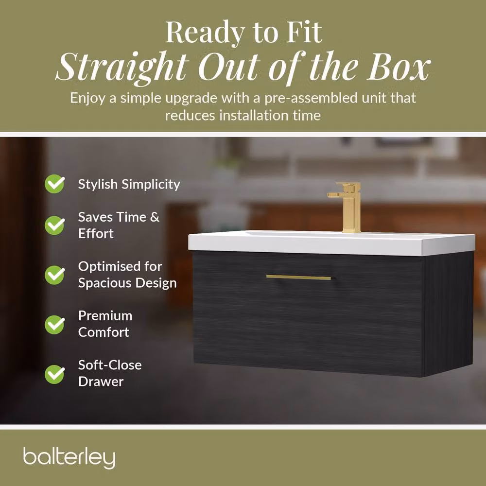 Balterley 800mm Wall Hung 1 Drawer Vanity Unit in Woodgrain Black with Black Brass Handle – 4