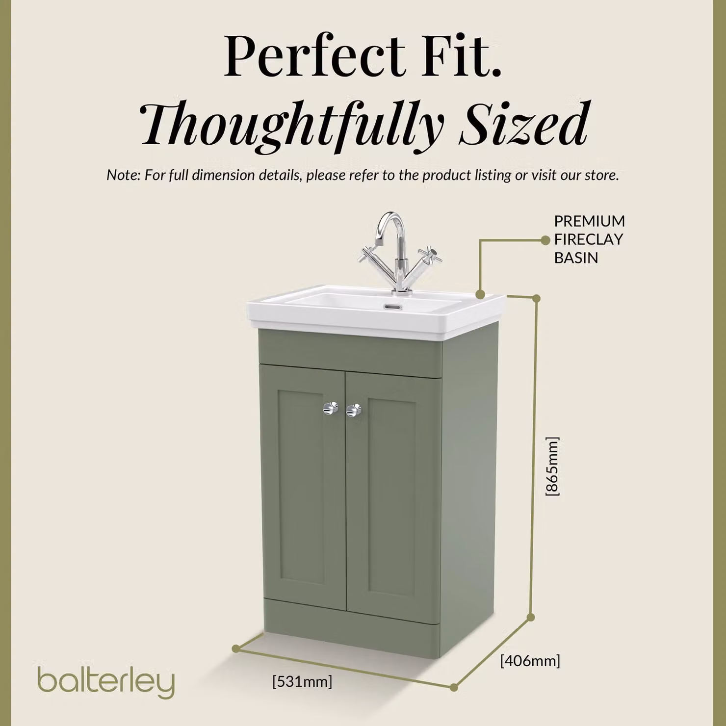 Balterley 2-Door Freestanding Bathroom Floor Vanity Unit and Fireclay Basin in Matt Satin Green, W: 50 cm, H: 86.5 cm – 3