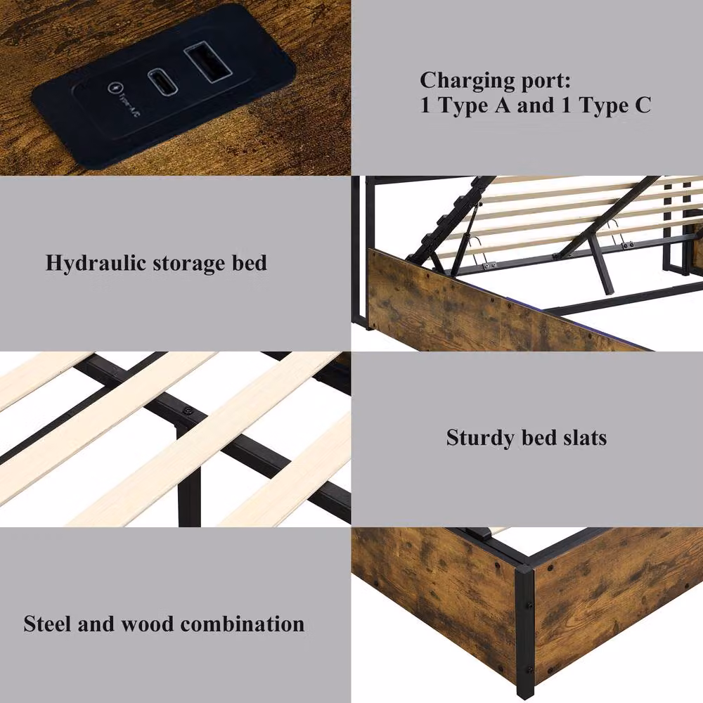 Merax Double Ottoman Bed Frame with LED Storage Headboard, USB Charging Ports and Synthetic Leather in Brown – 7