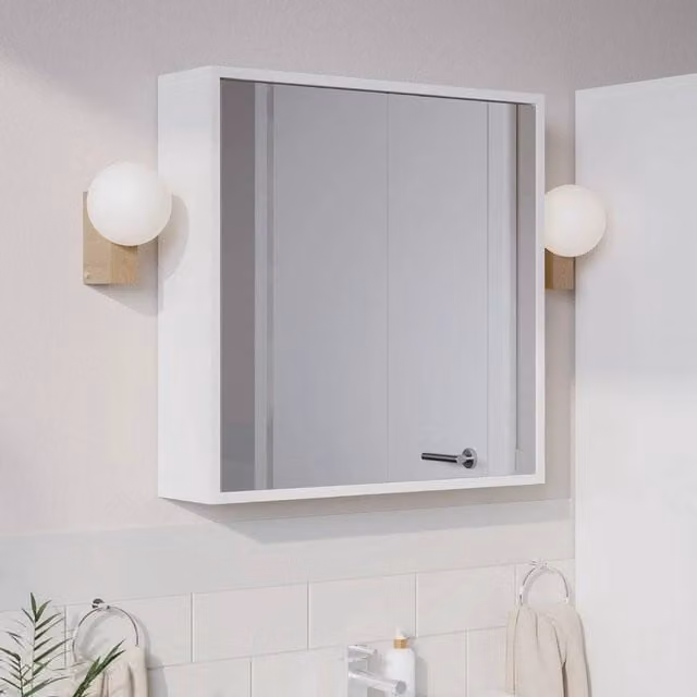 EONLION White Wall Mounted 2 Door Mirror Bathroom Storage Cabinet with Internal Shelves